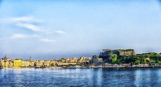 Corfu, Grécia, Baía, Porto, água, cidade, urbana