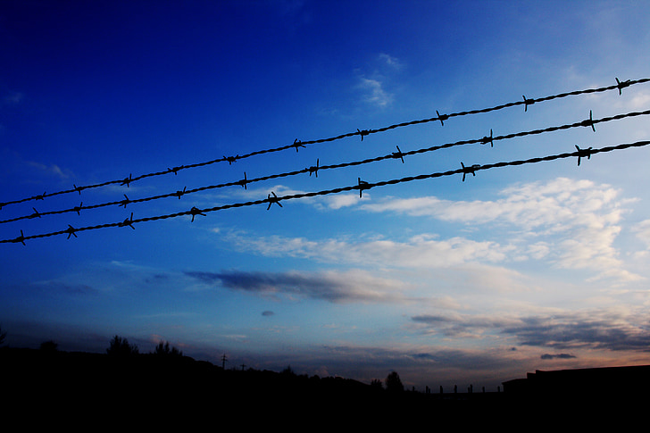 fence, sunset, sky, silhouette, landscape, demarcation, barbed wire