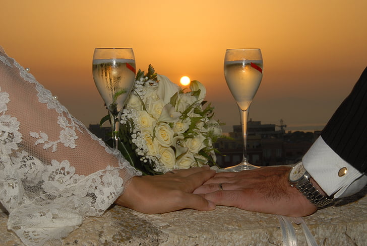 marriage, sunset, wedding, love, spouses, hearts, romance