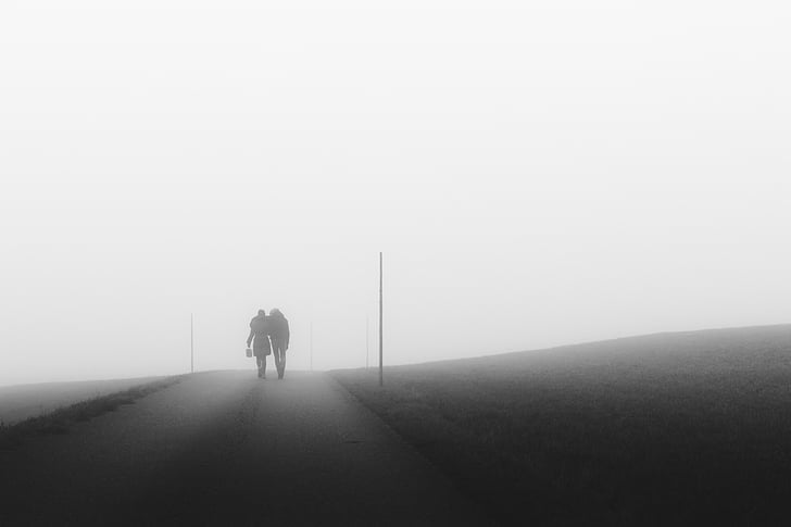 grey, scale, photo, two, person, walking, people