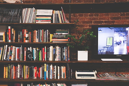 brown, wooden, rack, book, collection, flat, screen
