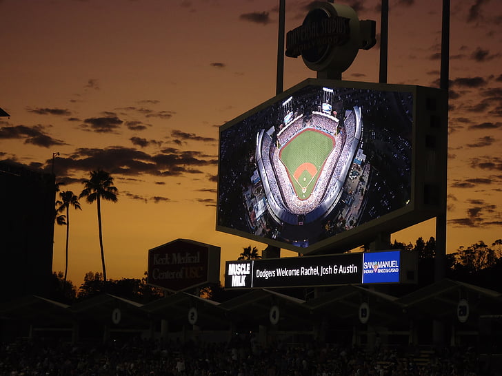 Dodgers, à noite, basebol, Estádio, sinal, placa, Jumbotron