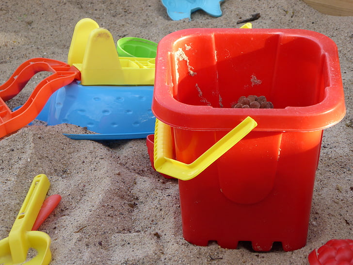 poço de areia, brinquedos, balde de brinquedo, areia, balde de areia, balde, Parque infantil