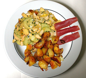 voedsel, Hof, rozemarijn-aardappels, aardappelen, gekookte aardappelen, broodje ham, hoofdgerecht