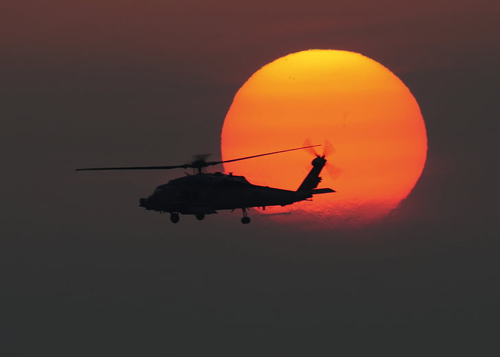 helicopter, military, sun, sunset, silhouette, sea hawk, flying