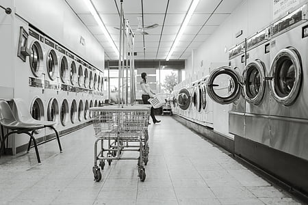 black-and-white, clean, cleaning, housework, launderette, laundromat, laundry
