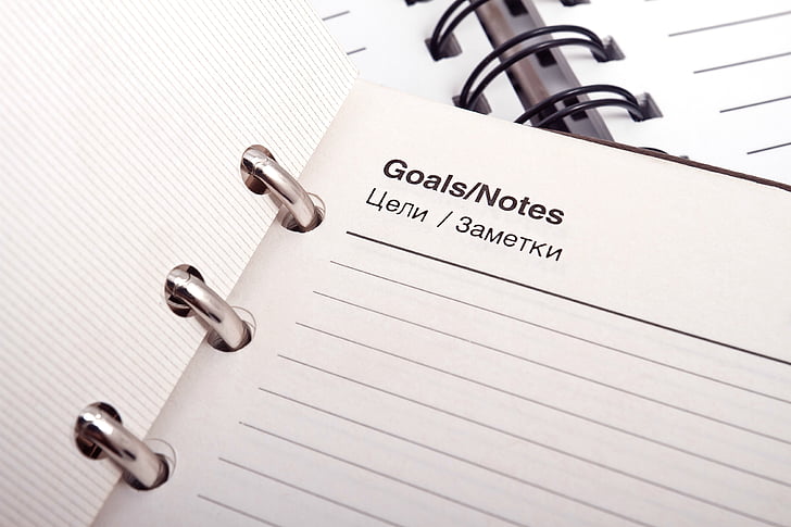 diary, office, work, pen, notebook, goals, notes