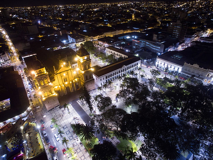 fő tér, légi fotó, santa cruz, éjszaka, utca-és városrészlet, építészet, utca