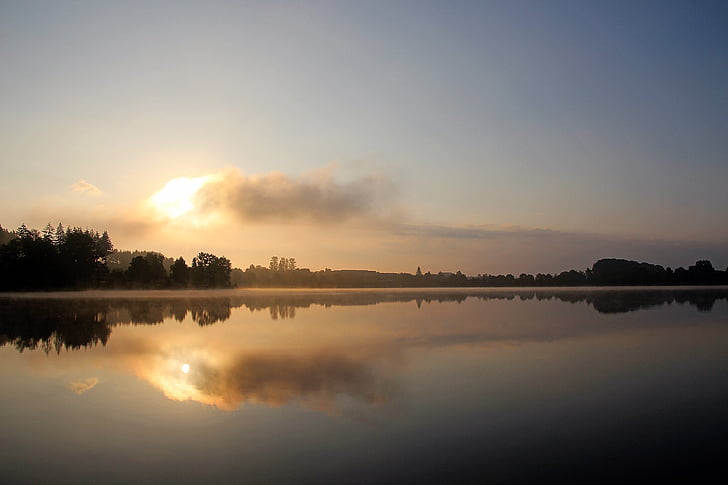 losheimer reservoir, tyst sjö, morgonsolen, naturen, morgon, sjön, fortfarande