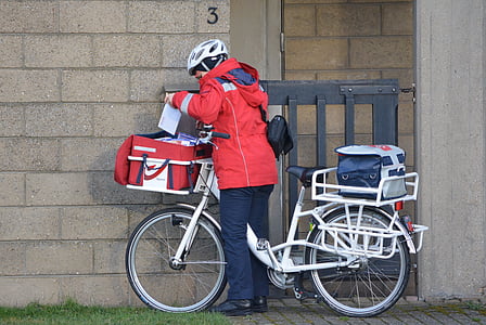 postbudet, cykel, bogstaver, folk