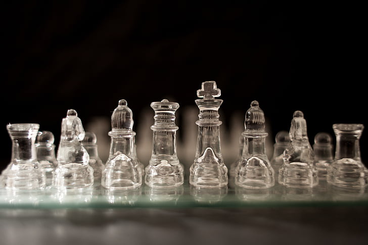 chess pieces, glass, chessboard, game, strategy, board, pawn