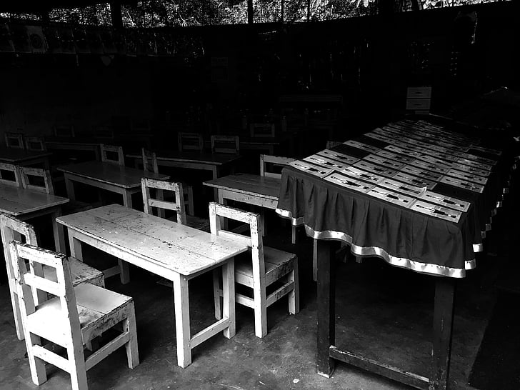 Sri Lanka, escola, cadeira, cadeiras, banco, mesas, vazio