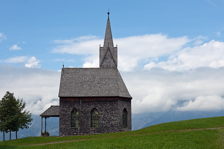 chapel, mountain church, timber, shingle cladding, spire, meadow, clouds