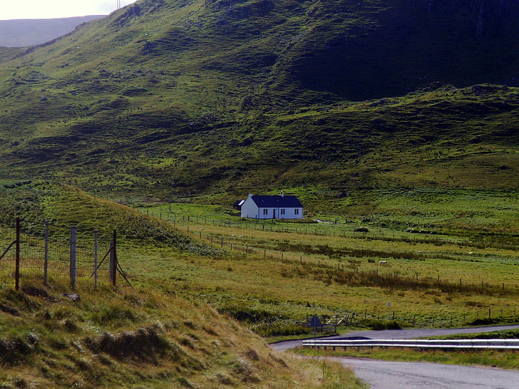 Skottland, landskap, grön, hus, fred, koppla av, sommar