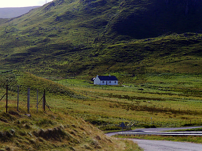 Skotija, ainava, zaļa, māja, miera, atpūsties, vasaras