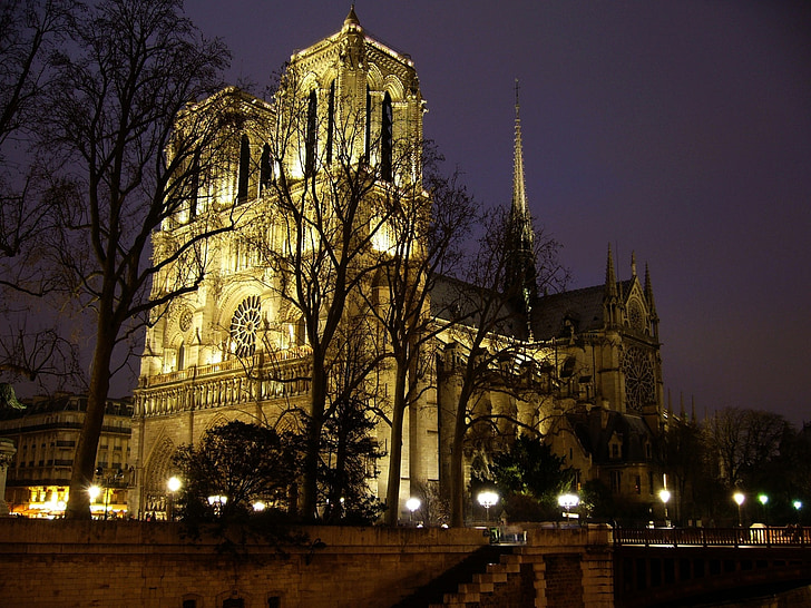 Notre dame, Paríž, Francúzsko, Európa, noc, mesto, Cathedral