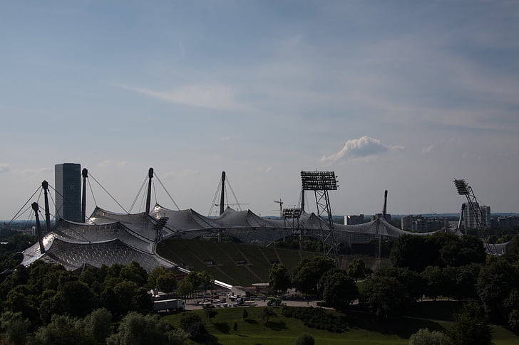 Olimpisko spēļu vietni, Minhene, Bavaria, arhitekts, Ginters behnisch, vispārējā konstrukcija, Debesskrāpis