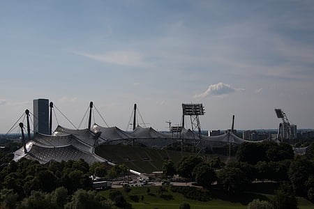Olimpisko spēļu vietni, Minhene, Bavaria, arhitekts, Ginters behnisch, vispārējā konstrukcija, Debesskrāpis