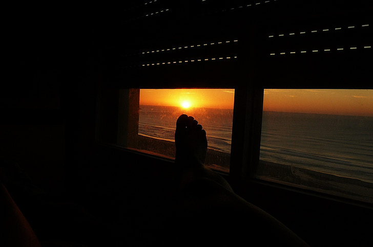 Dawn, voet, hemel, zee