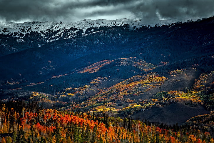 stjenovite planine, Colorado, Stjenjak, snijeg, nebo, oblaci, dolina
