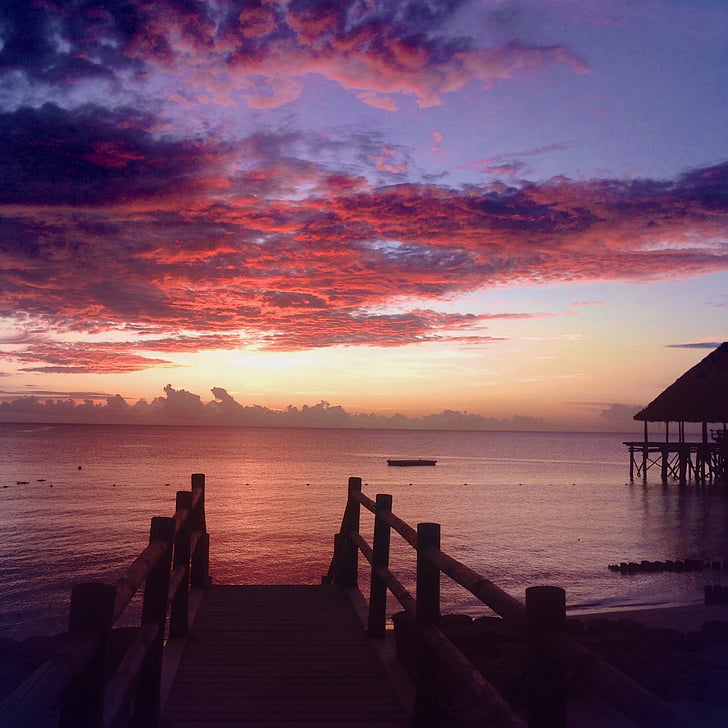 Zanzibar, praia, Relaxe, o pôr do sol, céu cor de rosa