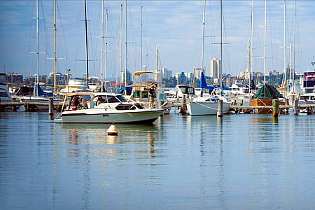 Matilda bay wa vänster, båtar, blå, reflektioner, vatten, floden, semester