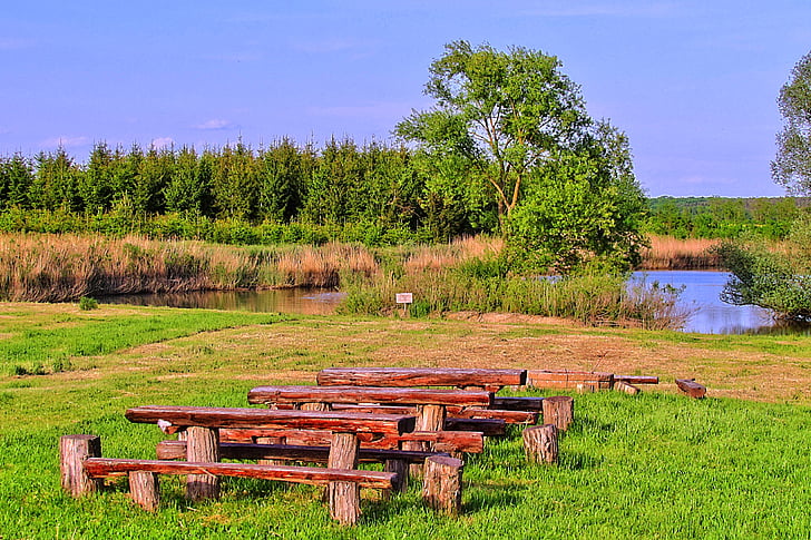 pond, resting place, landscape, wooden benches, hdr image
