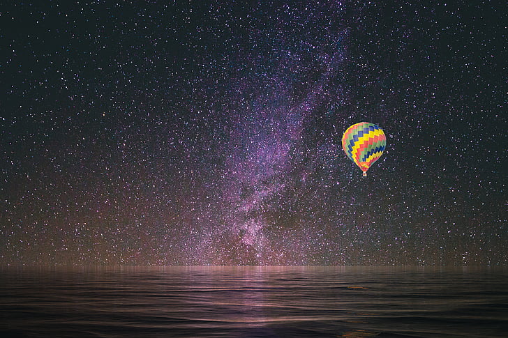 globus aerostàtic, estrelles, reflexió, volant, viatge, nit, múltiples colors