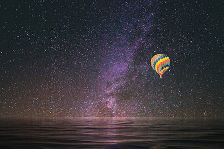 hot air balloon, stars, reflection, flying, journey, night, multi colored