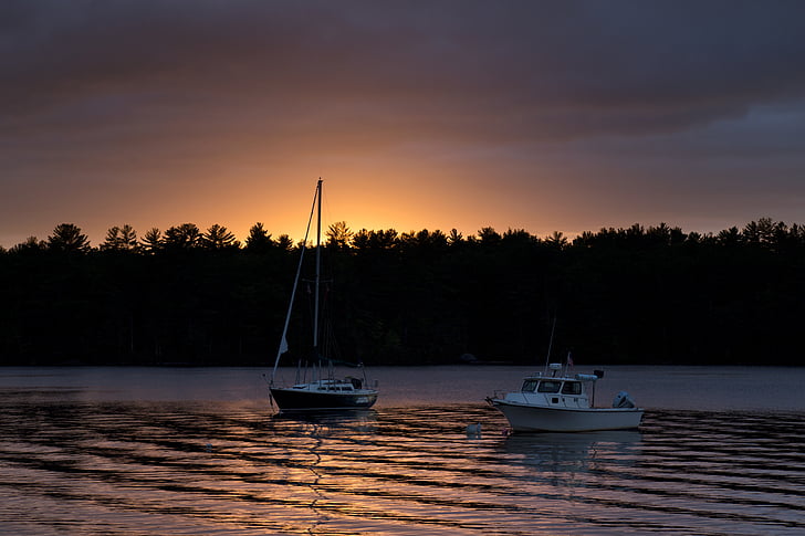 båtar, Dawn, skymning, sjön, floden, siluett, soluppgång