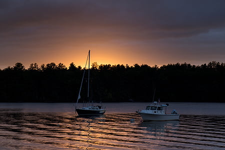 boats, dawn, dusk, lake, river, silhouette, sunrise