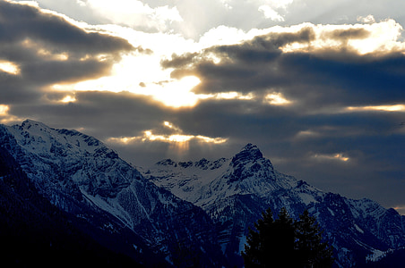 ainava, kalni, kalnu grēda, sniega, morgenstimmung, apgaismojums, saullēkts