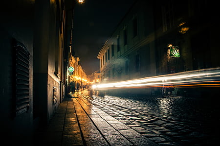 ulice, alej, noční, světlo, budovy, auto, osvětlené