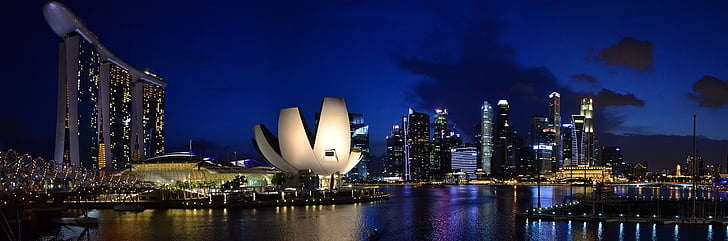 stad, Singapore, Marina bay sands, nacht, buitenkant van het gebouw, het platform, verlichte