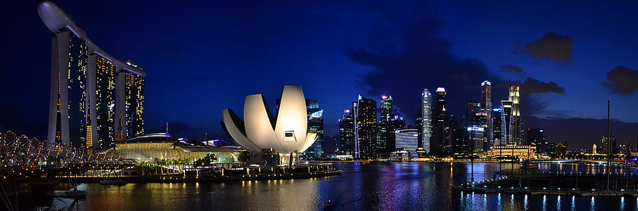 Miasto, Singapur, Marina bay sands, noc, na zewnątrz budynku, Architektura, podświetlane