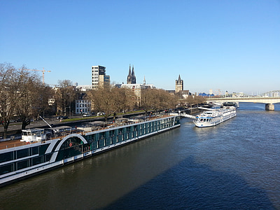 Köln, Rhinen, Panorama, Rhinens promenade, floden, Rheinland, Tyskland