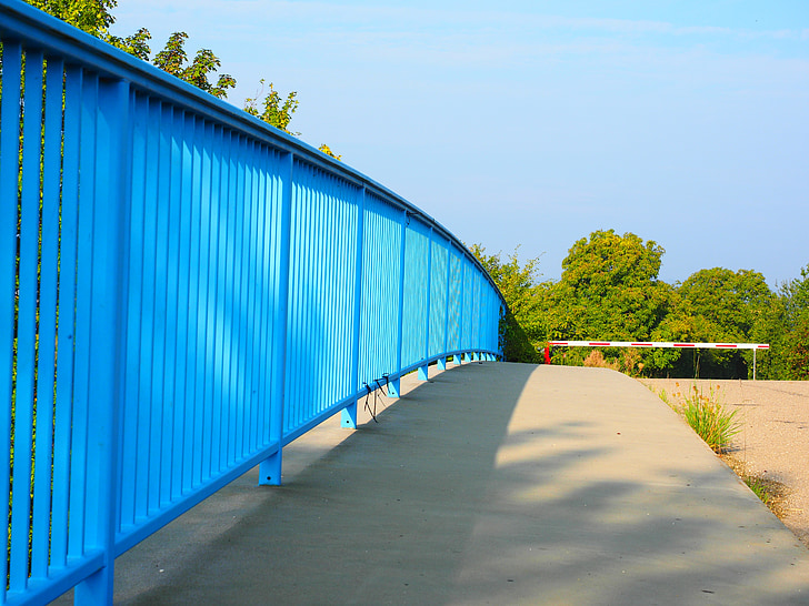 bridge, road, crossing, railing, blue, barrier