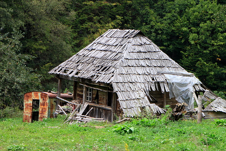 abandonado, Cerna valey, casa, montanha, velho, de madeira, arquitetura