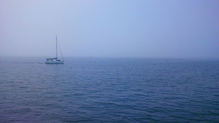 loď, mlha, izolovaný, jezero, zamlžené, oceán, plachtění