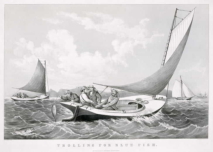 fischer, ตกปลา, เรือใบ, แล่นเรือ, เกมของปลา, 1866, สีดำและสีขาว