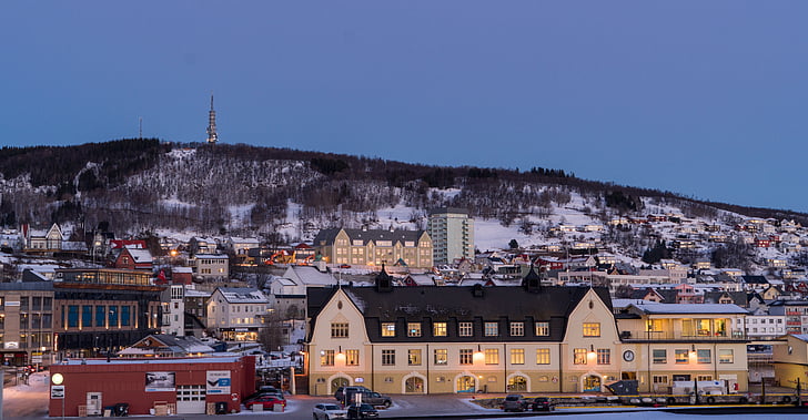 Norsko, pobřeží, Tromso, Architektura, Skandinávie, Západ slunce, večer