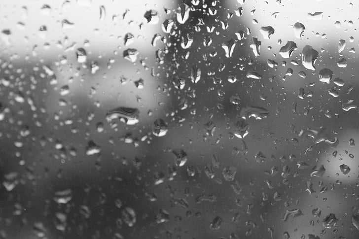 σταγόνα βροχής, στάγδην, νερό, υγρό, μαύρο και άσπρο, γυαλί