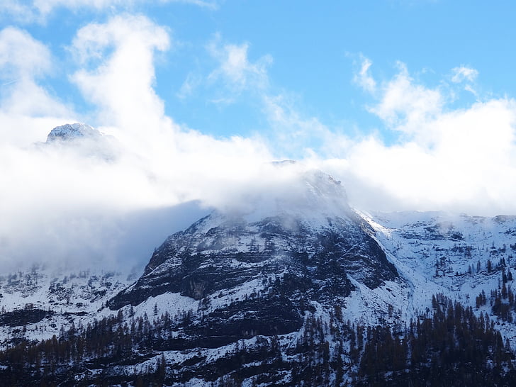 munte, complet, zăpadă, albastru, cer, nor, nori