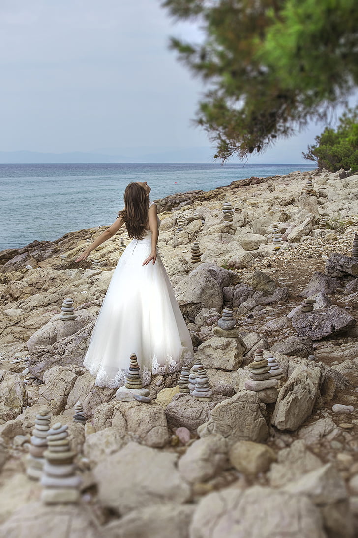 woman, white, flora, wedding, gown, standing, rocks
