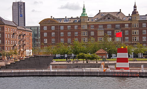 Port, bany, vermell, Bandera, cases, ciutat, Copenhaguen