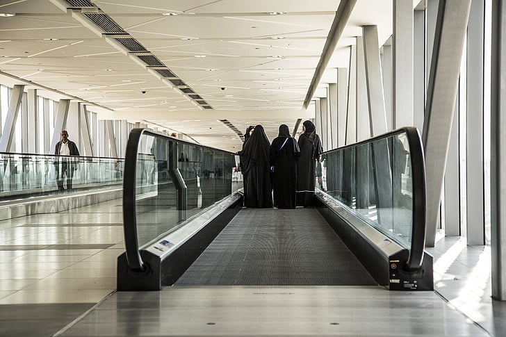 dubai, women, arabs, escalator, perspective