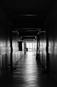 architecture, black-and-white, dark, eerie, empty, hallway, indoors
