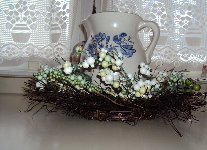 ceramic pitcher, wreath, background, blue and white, decorative