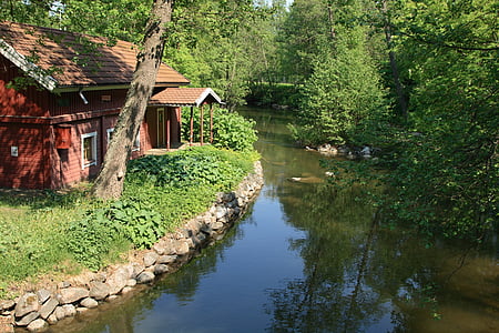 강에 집, 여름, 집, 강, 브라운 하우스, 녹색 풍경, 푸른 물