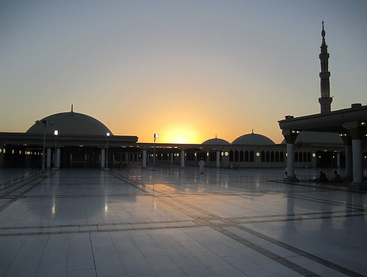 Σαουδική Αραβία, ηλιοβασίλεμα, Τζαμί, στέγη, άνδρες, προσεύχεται, πίστη